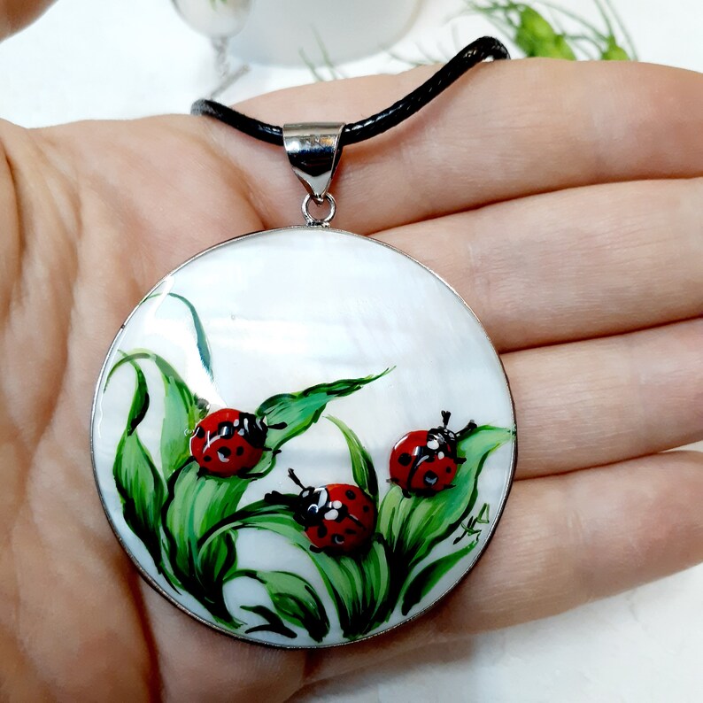 Mother of pearl Russian hand-painted MOP pendant Set of pearl pendant and earrings Ladybug Russian lacquar art.