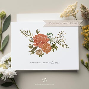 Afdrukbare bruiloft gefeliciteerd kaart | Bloemen botanische wenskaart | Sentimentele notitiekaarten | Ik wens je een leven vol liefde