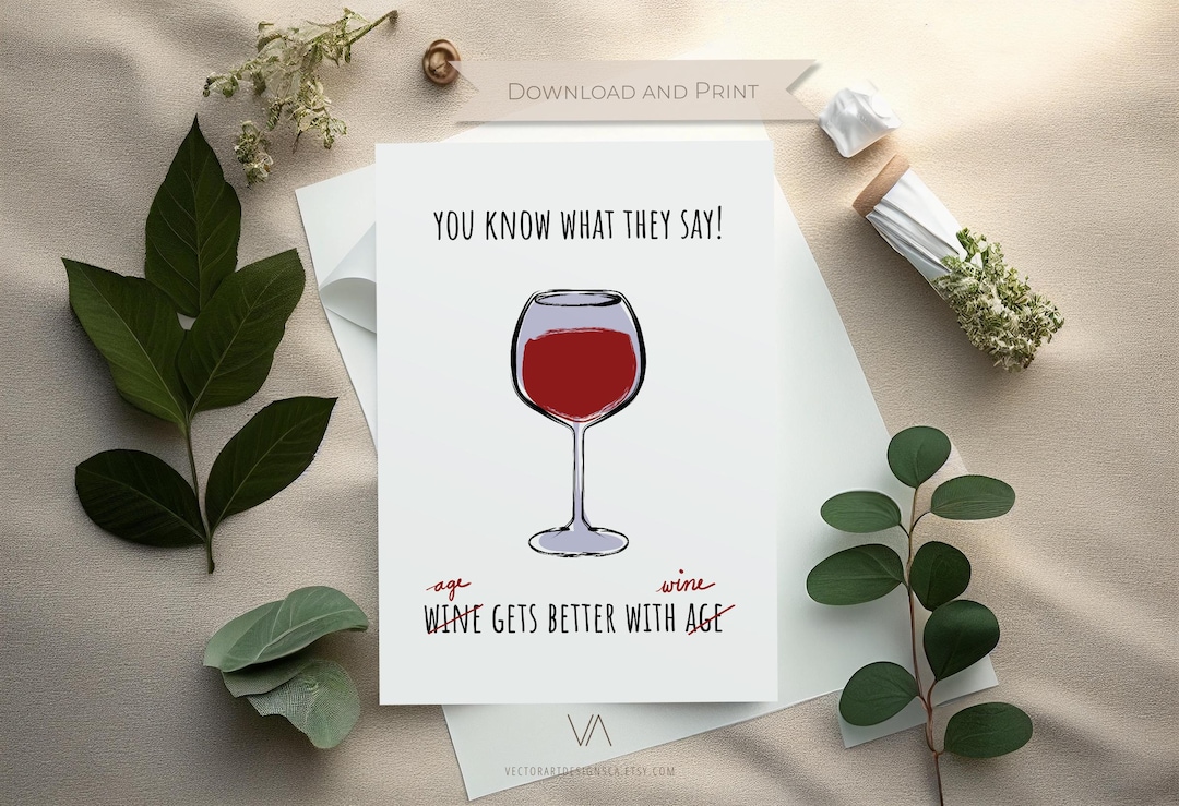 Printable Happy Birthday Card Red Wine Greeting Card Funny