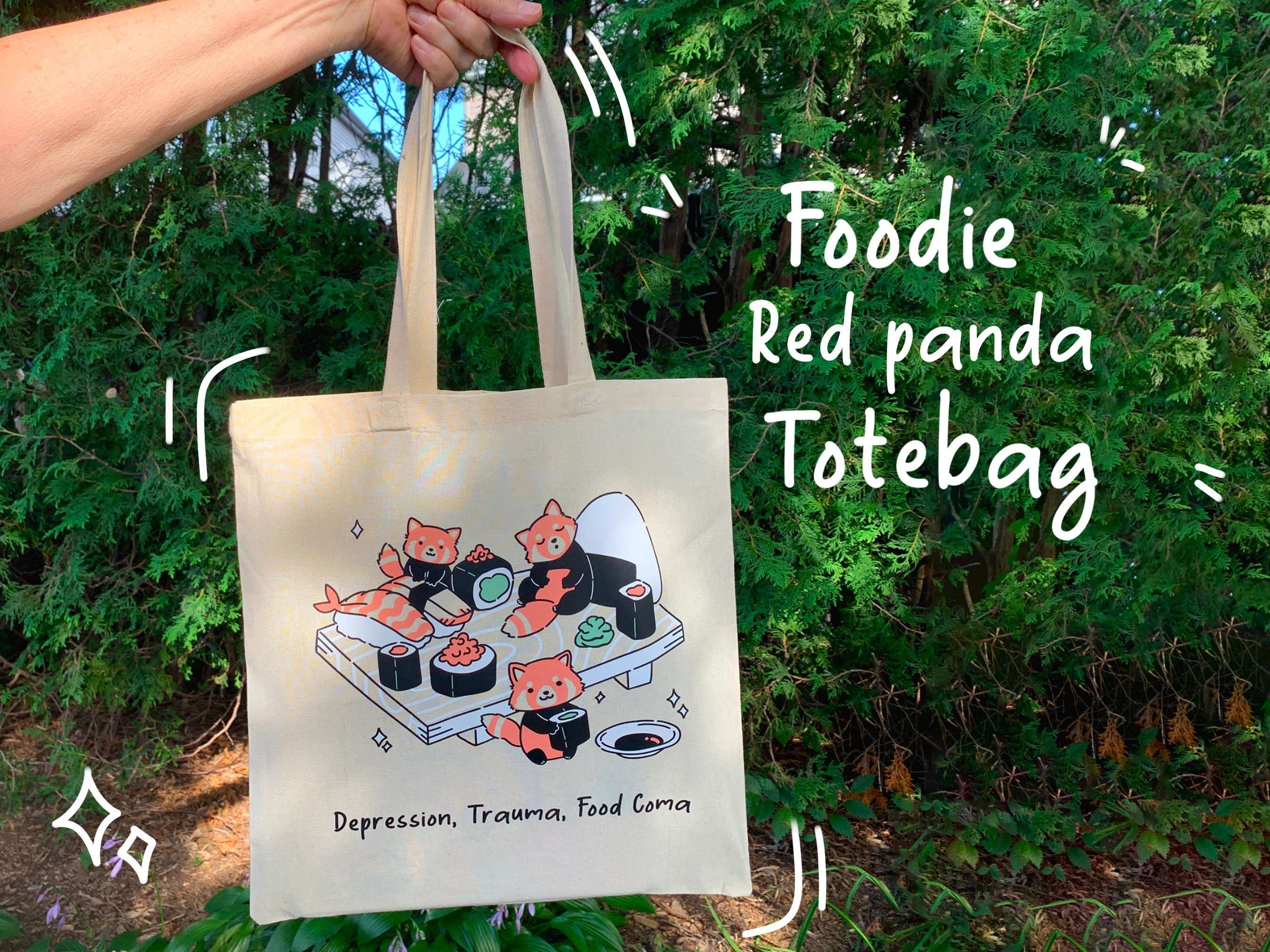 Red Panda tote bag noodles Asian anime fun shopping 100% cotton