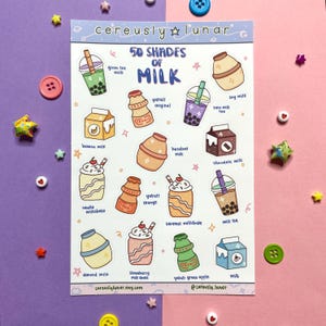 Feuille d'autocollants 50 nuances de lait | Autocollants mignons pour boissons lactées | Stickers Milkshake Kawaii | Thé au lait Bubble Boba | Yakult | Saveurs de lait