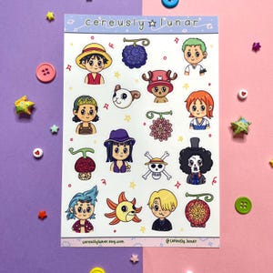 Anime Sticker Sheets | Pirate Crew | Kawaii Stickers | Japanese Animation | Cute Hat Crew | Swordsman | Fruit Powers | Friendship Anime