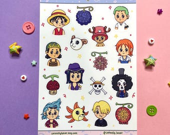 May include: A sheet of stickers featuring characters from the anime One Piece. The stickers are colorful and feature a variety of characters, including Luffy, Zoro, Nami, and Sanji. The stickers are perfect for adding a touch of anime to your laptop, water bottle, or phone.