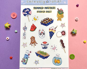 May include: A sticker sheet with a summer festival theme. The sheet features various illustrations, including a goldfish in a bowl, a Japanese street food vendor, a traditional Japanese lantern, a fox mask, and a crescent moon. The text "Summer Matsuri Sticker Sheet" is printed at the top of the sheet.
