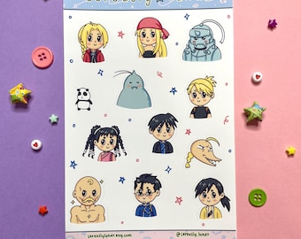 May include: A sheet of stickers featuring characters from the anime Fullmetal Alchemist: Brotherhood. The stickers are on a white background with a pink and purple border. The characters include Edward Elric, Alphonse Elric, Winry Rockbell, Roy Mustang, Riza Hawkeye, and more. The stickers are all in a cartoon style and are perfect for adding a touch of anime to your belongings.