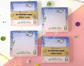 My Martian Friend Sticky Notes | Cute Alien Illustration Post-it Notes | Nostalgic Kawaii Memo Pads | UFO Space Themed Stationery