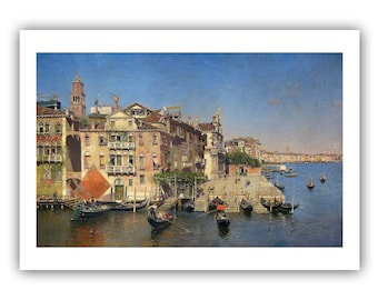 Puede incluir: Una pintura que representa un canal en Venecia, Italia. La escena muestra una fila de edificios a lo largo del canal, con góndolas atracadas en la orilla. El agua está tranquila y refleja el cielo azul y los edificios.