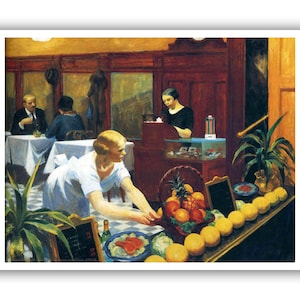 Puede incluir: Una pintura que representa el interior de un restaurante con una mujer con un vestido blanco y un delantal arreglando fruta en un mostrador. Hay otras personas en el fondo, incluyendo una mujer detrás de un mostrador y dos hombres sentados en una mesa. La pintura está hecha en un estilo realista con colores cálidos.