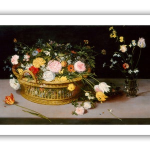 May include: A still life painting of a wicker basket overflowing with a variety of colorful flowers, including pink, yellow, and red roses, and white tulips. The basket is sitting on a table with a vase of flowers in the background.