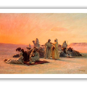 Puede incluir: Una pintura que representa a un grupo de personas en un paisaje desértico al atardecer. Las figuras están vestidas con ropa tradicional y están reunidas alrededor de una fogata. Hay camellos en el fondo.