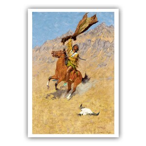 May include: A painting depicting a Native American man on horseback, riding through a desert landscape. He is holding a buffalo hide aloft, and a buffalo skull lies on the ground. The mountains are in the background.