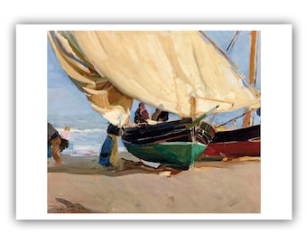 Joaquín Sorolla y Bastida : "Fishermen Beached Boat, Valencia" 1910 - Museum Quality Giclee Print/Canvas - A4/A3/A2