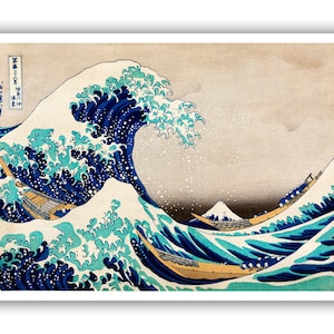 May include: A woodblock print of a large blue wave crashing over three boats with Mount Fuji in the background. The wave is depicted in shades of blue, white, and green, with a foamy crest. The boats are small and traditional Japanese in style, with sails and oars. The mountain is a distant peak, with a snowy summit.