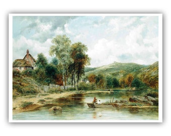 Frederick Waters Watts : ''Paysage boisé avec des figures dans un bateau, cottages au-delà'', 19ème siècle - Giclee Print/Canvas - A4/A3/A2