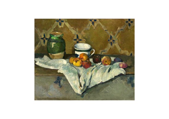 ポール・セザンヌ：「壺、カップ、リンゴのある静物画」、1877年頃