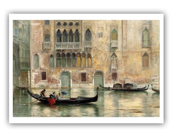 Puede incluir: Una pintura que representa un canal en Venecia, Italia. La escena presenta una góndola con pasajeros, un edificio con ventanas arqueadas y un balcón, y otras góndolas en la distancia. El agua está tranquila y refleja los edificios y el cielo.