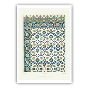 May include: An antique print featuring an intricate arabesque design. The artwork showcases a repeating pattern of blue and green floral motifs against a cream background. The border includes floral and geometric elements, with the word "ARABESQUES" at the top.