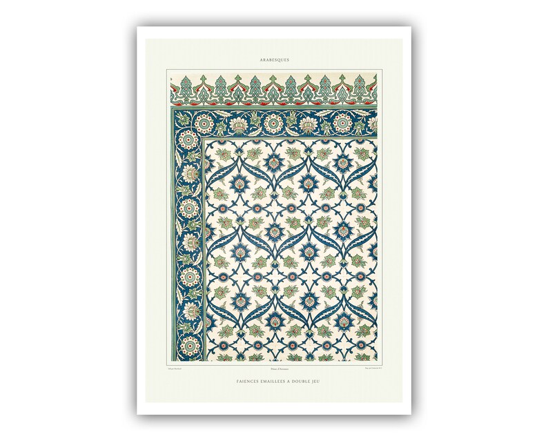 May include: An antique print featuring an intricate arabesque design. The artwork showcases a repeating pattern of blue and green floral motifs against a cream background. The border includes floral and geometric elements, with the word "ARABESQUES" at the top.