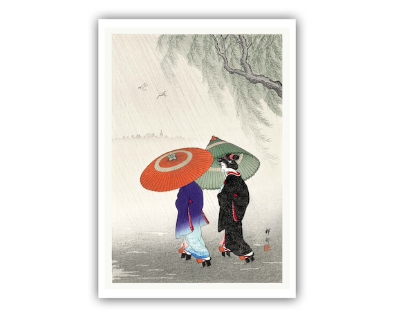 小原古邨：「雨の中の二人の女」、1925-1936年 - 美術館品質のジクレー