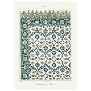 May include: An antique print featuring an intricate arabesque design. The artwork showcases a repeating pattern of blue, green, and red floral motifs on a cream background. The text "ARABESQUES" is at the top, and "FAIENCES EMAILLEES A DOUBLE JEU" is at the bottom.
