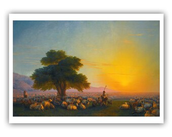 Ivan Aivazovsky : Bergers avec leur troupeau au coucher du soleil (1859) - Impression jet d'encre / toile de qualité musée