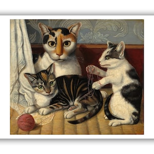 Folk Art : &quot;Cat and Kittens&quot;, c. 1872-1883 - Museum Quality Giclee Print/Canvas - A4/A3/A2