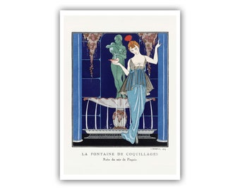 George Barbier : "La Fontaine de Coquillages - Robe du Soir de Paquin", 1914 - Museum Quality Giclee Print/Canvas - A5/A4/A3/A2