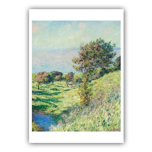 Pode incluir: Uma pintura de uma paisagem com um céu azul, grama verde e algumas árvores. As árvores estão em primeiro plano e o oceano está no fundo. A pintura é feita em um estilo que lembra o impressionismo.
