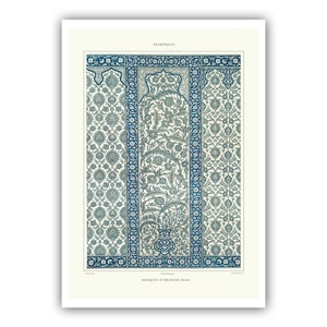 May include: A vintage illustration of a mosque interior with intricate blue and white floral patterns. The text "ARABESQUES" and "MOSQUE D'IBRAHIM AGHA" is visible.