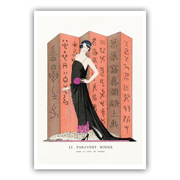 George Barbier : "Le Paravent Rouge - Robe du Soir", 1921 - Museum Quality Giclee Print/Canvas - A5/A4/A3/A2