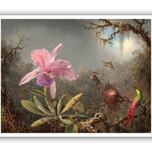 Martin Johnson Heade : &quot;Cattleya Orchid and Three Hummingbirds&quot;, 1881 - Museum Quality Giclee Print/Canvas - A4/A3/A2