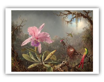 Martin Johnson Heade : "Cattleya Orchid and Three Hummingbirds", 1881 - Museum Quality Giclee Print/Canvas - A4/A3/A2