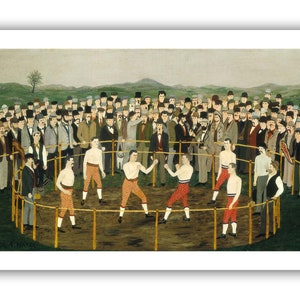 Op de afbeelding: Een schilderij dat een bokswedstrijd in een ring toont, omringd door een menigte toeschouwers. De boksers dragen rode en witte shorts en staan in een vechtpositie. De menigte is gekleed in 19e-eeuwse kleding en kijkt aandachtig naar de wedstrijd.