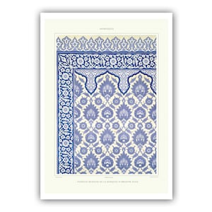 May include: A vintage illustration of a blue and white tile pattern from the Ibrahim Aga Mosque in Turkey. The illustration is labeled "Arabesques" and "Faiences murales de la mosquee d'Ibrahim Aga".