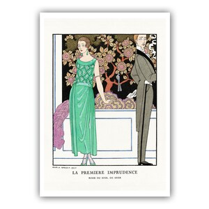 May include: A vintage illustration of a couple in formal attire. The woman is wearing a green dress with a geometric pattern and a pink feather boa. The man is wearing a gray suit with a white shirt and a black bow tie. The background is a dark floral pattern with pink and orange flowers.