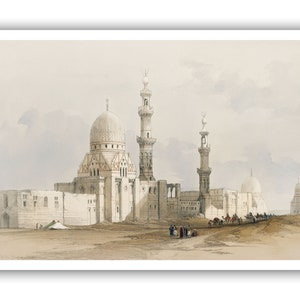 May include: A watercolor painting depicting a mosque with a white dome and minarets. The mosque is surrounded by a wall and there are people walking in front of it.