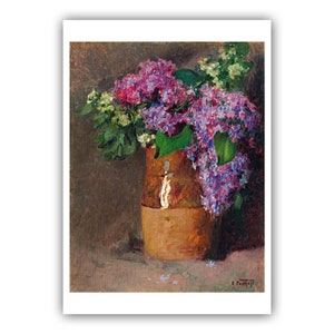 Puede incluir: Una pintura de un ramo de flores de lila púrpura y blanca en un jarrón de cerámica marrón. Las flores están dispuestas en un estilo suelto y natural, y el jarrón es simple y rústico.