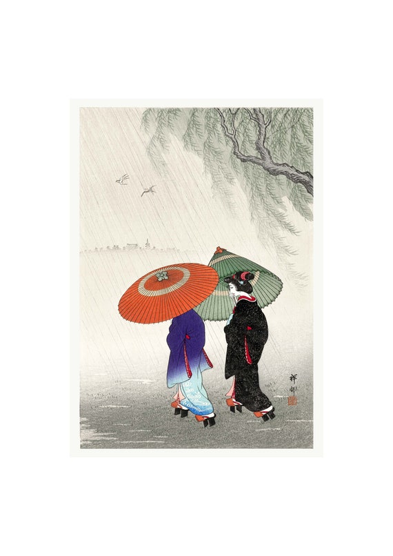 小原古邨「雨中の田鷸」木版画 小原古邨：「雨の中の二人の女」、1925-1936年 - 美術館品質のジクレー