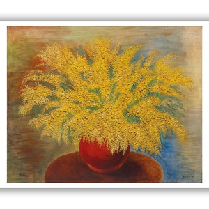Könnte beinhalten: Ein Gemälde mit einem Strauß gelber Mimosen in einer roten Vase. Die Blumen sind locker und natürlich angeordnet, die Vase steht auf einem braunen Tisch. Der Hintergrund ist in einem sanften, gedämpften Farbton gehalten.