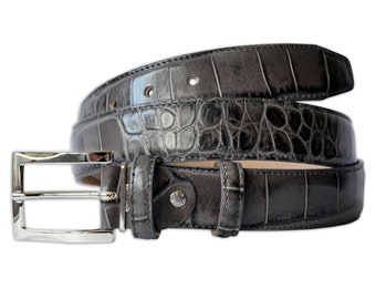 PASQUALE CUTARELLI Men’s Italian Leather belt Crocodile-Pattern – 3.5 cm / 1.38” – Dark Grey