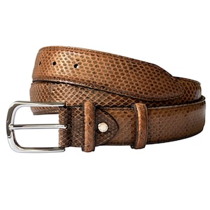 May include: A brown belt with a textured snakeskin pattern and a metallic finish. The belt features a silver-toned rectangular buckle and a small circular metal stud near the buckle that is embossed with the text Made in Italy.
