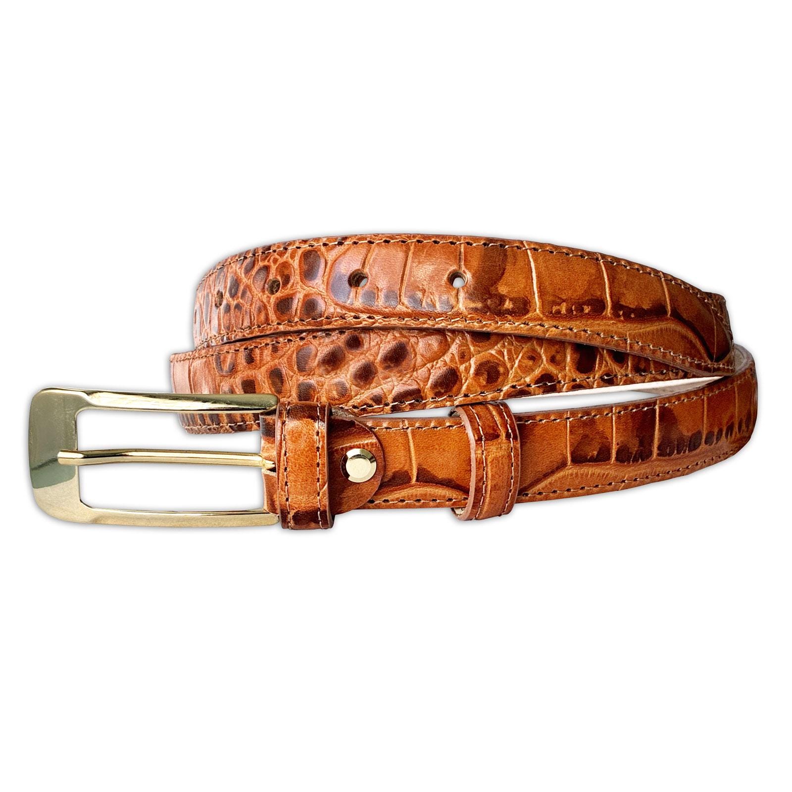 Women’s Italian Cognac Wide Leather Belt with Crocodile Pattern. Cinnamon Mock Croc Belt - Premium Italian Leather | Roger  main image 2