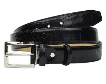 PASQUALE CUTARELLI Men's Crocodile Pattern Leather Belt – Made in Italy – Gift Boxed – Black