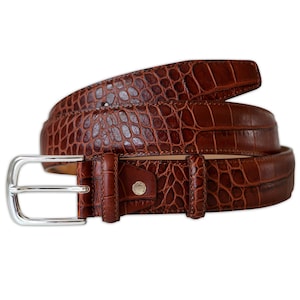 PASQUALE CUTARELLI Men&#39;s Crocodile Pattern Leather Belt – Made in Italy – Gift Boxed – Cognac