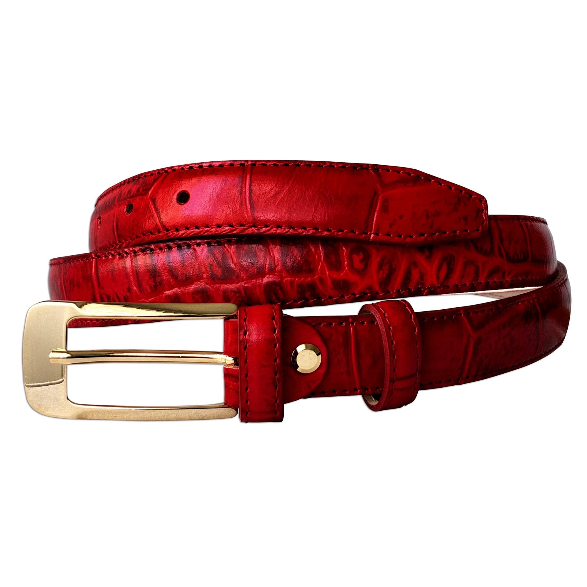 Italian Leather Women's Crocodile Belt - Slim 25mm Red with Gold Buckle - Made in Italy
