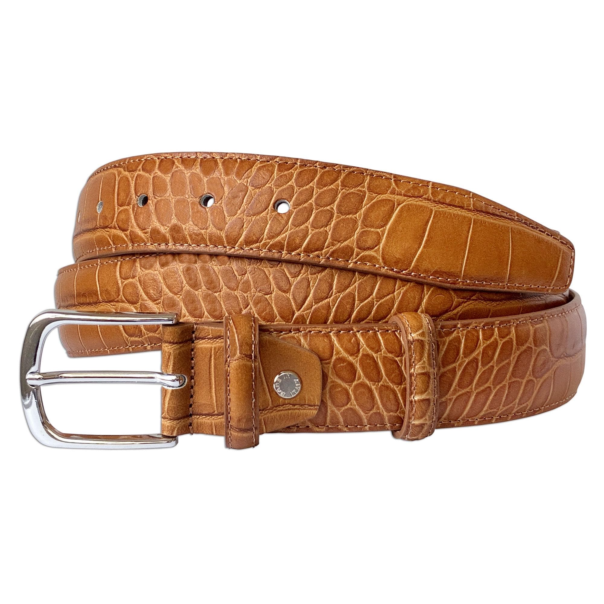 PASQUALE CUTARELLI Men's Italian Leather belt Crocodile-Pattern - 3.5 cm / 1.38" - Chestnut