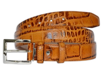 PASQUALE CUTARELLI Men’s Italian Leather belt Crocodile-Pattern – 3.5 cm / 1.38” – Tawny-Brown