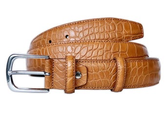 PASQUALE CUTARELLI Men’s Italian Leather belt Crocodile-Pattern – 3.5 cm / 1.38” – Chestnut Brown