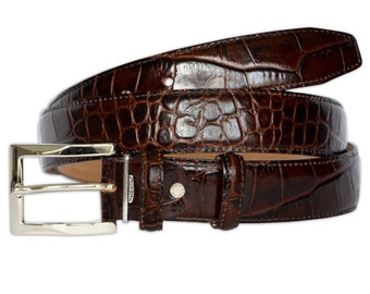 PASQUALE CUTARELLI Men’s Italian Leather belt Crocodile-Pattern – 3.5 cm / 1.38” – Brown