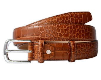 PASQUALE CUTARELLI Men’s Italian Leather belt Crocodile-Pattern – 3.5 cm / 1.38” – Dark Chestnut
